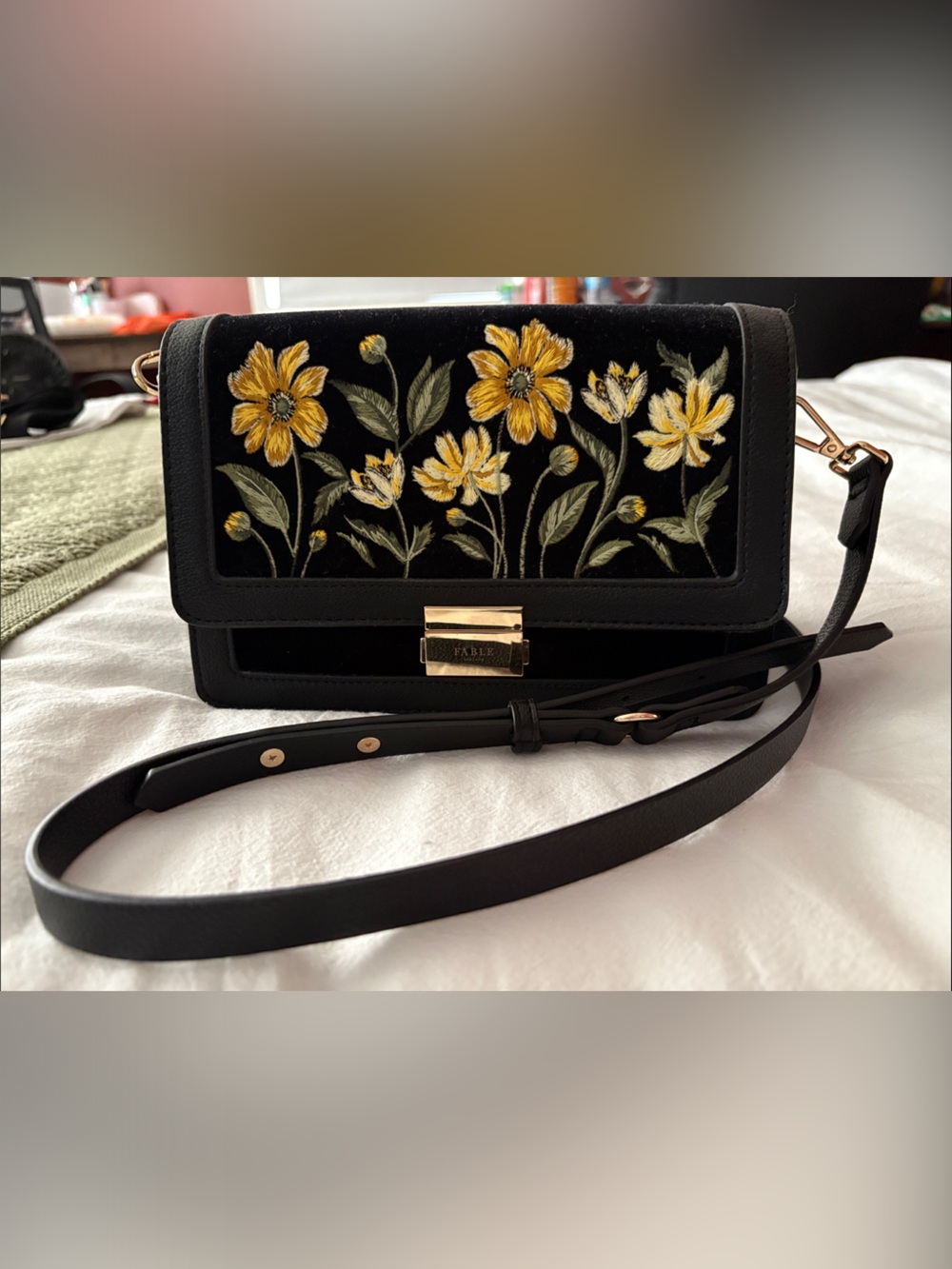 Black Floral Embroidered Crossbody Bag with Gold Tone Hardware